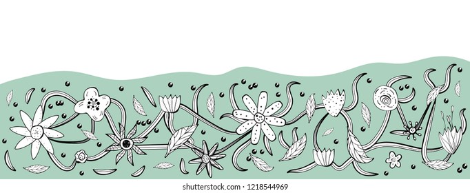 Flowers and leaves composition.  Hand drawn style template for social media.  Vector ilustration.