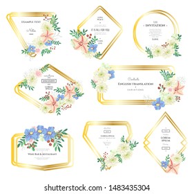 Flowers and leaves compositions. Floral elements with gold geometric figures.