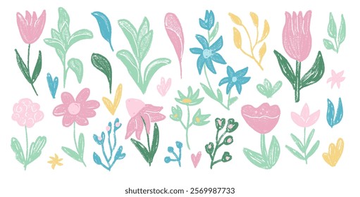 Flowers and leaves crayon drawn set. Spring tulip, daisy and marguerite doodle. Pastel colors childish floral stencil shape. Vector naive pencil illustration isolated on white background.