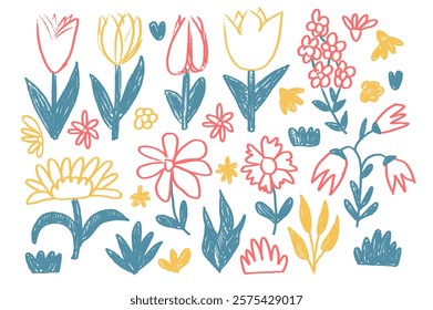 Flowers and leaves crayon drawn set. Spring tulip, daisy, chamomile and marguerite plants doodle. Summer floral kids floral shape. Vector pencil illustration isolated on white background.