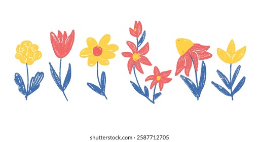 Flowers and leaves crayon drawn set. Spring tulip, daisy, chamomile and marguerite plants doodle. Vector naive pencil illustration isolated on white background.