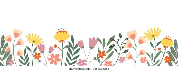 Flowers and leaves, cute horizontal background. Floral spring background with place for text. Vector.