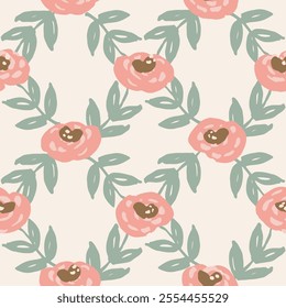 Flowers and leaves of cute round roses forming a diamond net geometrical pattern in pink, green, brown and off white colors. Cute dark floral design. A seamless vector pattern. Great for home decor.