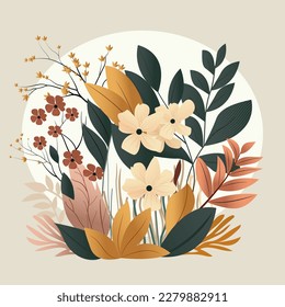 Flowers With Leaves Decorated On Beige Background. Botanic Composition For Greeting Card.