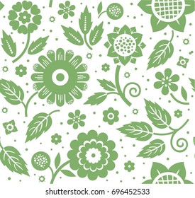 The flowers and leaves, decorative background, seamless, green and white, vector. The floral pattern. Green flowers and leaves on a white background. A fabulous decorative pattern. 