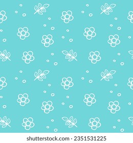 Blumen, Blätter und dekorative Elemente auf blauem Hintergrund, Vektorgrafik nahtlos