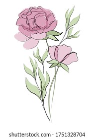 Flowers and leaves. Delicate floral pattern. Line drawing on a watercolor background. Line art, sketch, ink, freehand drawing, graphics. Vector illustration isolated on a white background.