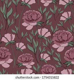 Flores y hojas. Delicado patrón floral sin costuras. Dibujo de línea sobre un fondo de acuarela. Arte de línea, esbozo, tinta, dibujo a mano alzada, gráficos. Ilustración vectorial aislada en un fondo rosado.