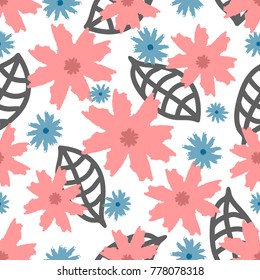 Flowers and leaves drawn by hand. Trendy floral seamless pattern. Grunge, sketch, watercolour, graffiti. Vector illustration.