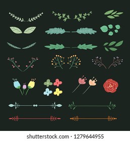 flowers and leaves element. Collection of hand drawn floral element for invitation, decor, card.