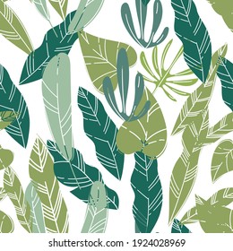Flowers leaves and exotic foliage, rainforest wildlife nature. Tropics garden or decorative flora. Seasonal blooming and fresh lush greenery in forest. Seamless pattern, vector in flat style