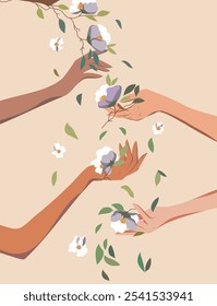 Flowers and leaves fall into beautiful hands of different women. Movements for gender equality and women's empowerment. Postcard for Women's Day. Vector banner