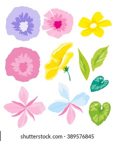 Flowers and leaves. Flat vector illustration isolated on white background.