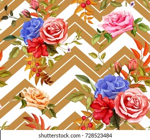 Flowers and leaves floral vintage retro wedding fashion seamless pattern with hibiscus rose bouquet blossoms blooming. Vector illustration, wallpaper background with geometric figure stripes