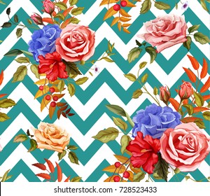 Flowers and leaves floral vintage wedding fashion seamless pattern with rose blossoms blooming. Vector illustration, wallpaper with geometric figures - stripes