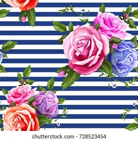 Flowers and leaves floral vintage wedding fashion seamless pattern with rose blossoms blooming. Vector illustration, wallpaper with geometric figures- stripes