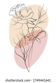 Flores y hojas. Patrón de flores. Dibujar líneas sobre el fondo de las manchas de acuarela. Arte de línea, esbozo, tinta, dibujo a mano alzada, gráficos. Ilustración vectorial aislada en un fondo blanco.