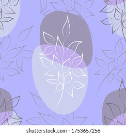 Flowers and leaves. Flower seamless pattern. Drawing lines on the background of watercolor blots. Line art, sketch, ink, freehand drawing, graphics. Vector illustration isolated on a blue background.