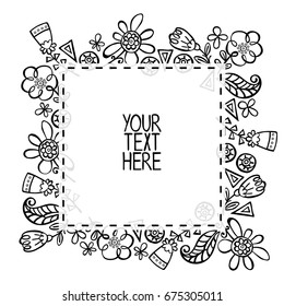 Flowers and leaves. Frame square. Your text here. Isolated vector object on white background.