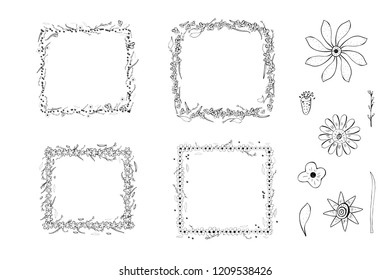 Flowers and leaves frames compositions.  Collection of hand drawn style elements.  Vector ilustration.