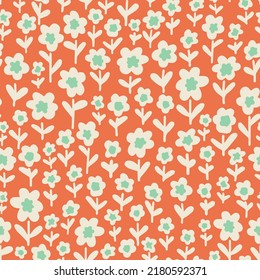 Flowers with leaves garden illustration as seamless repeat pattern. Random placed, vector hand drawn floral all over surface print on orange background.