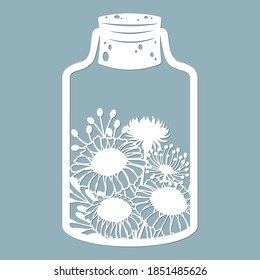 Flowers and leaves in a glass jar. Laser cut. Vector illustration. Pattern for the laser cut, serigraphy, plotter and screen printing.