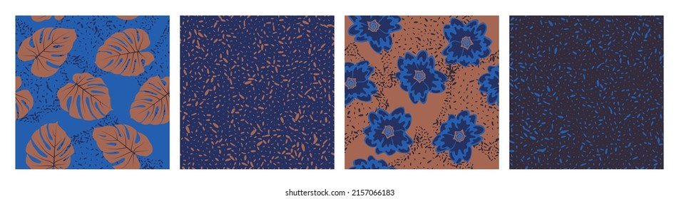 Las flores dejan textura de grano conjunto de vectores de patrón sin costura. Diseño botánico de selva tropical frangipani, hojas de monstera. Conjunto abstracto de patrones con textura de grano, flores, follaje. Fondos de escritorio