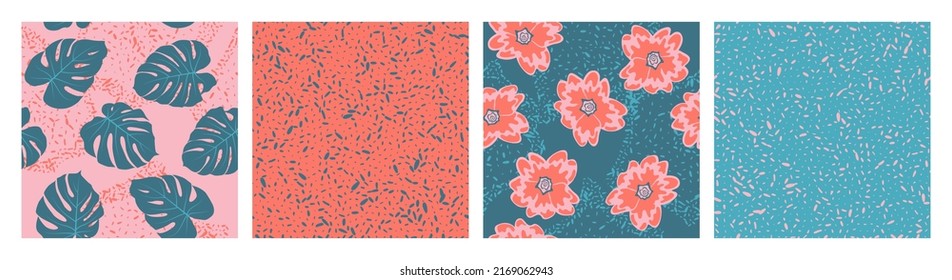 Flowers leaves grain texture seamless pattern vector set. Botanical design of rainforest frangipani, monstera leaves. Hawaiian set of patterns with grain texture, flowers, foliage. Wallpapers