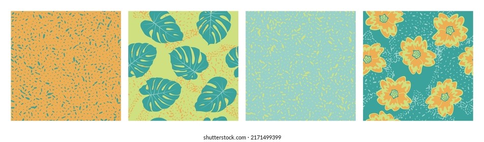 Flowers leaves grain texture seamless pattern vector set. Botanical design of rainforest frangipani, monstera leaves. Bohemian patterns with grain texture, flowers, foliage. Fabric prints