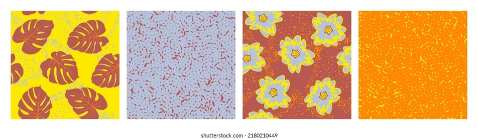 Flowers leaves grain texture seamless pattern vector set. Botanical design of rainforest frangipani, monstera leaves. Vibrant set of patterns with grain texture, flowers, foliage. Wallpapers