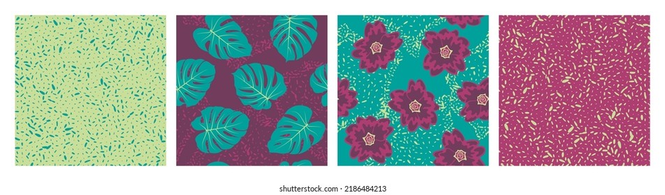 Flowers leaves grain texture seamless pattern vector set. Botanical design of frangipani and exotic monstera leaves. Bohemian patterns with grain texture, flowers, foliage. Textile prints