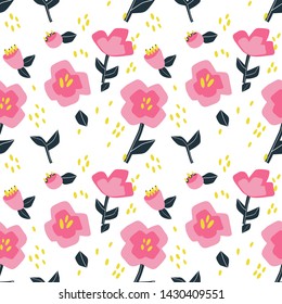 Flowers and leaves hand drawn seamless pattern. Colorful foliage vector illustration. Decorative background with flowering. Botanical wrapping paper, textile, backdrop cartoon design