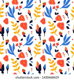 Flowers and leaves hand drawn seamless pattern. Colorful foliage vector illustration. Decorative background with flowering. Botanical wrapping paper, textile, backdrop cartoon design