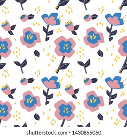 Flowers and leaves hand drawn seamless pattern. Colorful foliage vector illustration. Decorative background with flowering. Botanical wrapping paper, textile, backdrop cartoon design