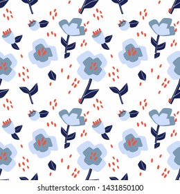 Flowers and leaves hand drawn seamless pattern. Colorful foliage vector illustration. Decorative background with flowering. Botanical wrapping paper, textile, backdrop cartoon design