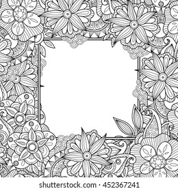 Flowers and leaves  hand drawn square vector frame. Doodle art decorative border.