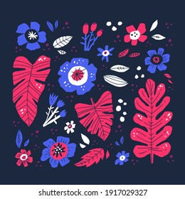 Flowers and leaves hand drawn vector illustration. Artistic flora, colorful plants doodle style drawing. Blooming flower buds and exotic foliage composition isolated on black background