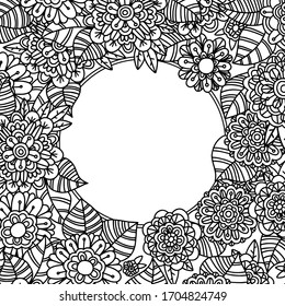 Flowers and leaves hand drawn zentangle style vector frame. Doodle art decorative border.