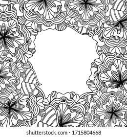 Flowers and leaves hand drawn zentangle style vector frame. Doodle art decorative border.