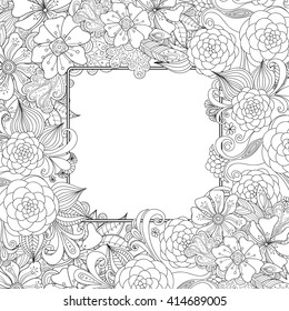 Flowers and leaves hand drawn zentangle style vector frame. Doodle art decorative border.