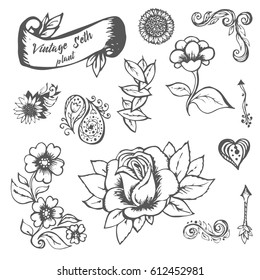 Flowers and leaves hand painted , vintage set