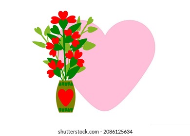 Flowers with leaves, hearts, frame for text, on a white background, color illustration, postcard