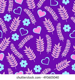 Flowers, leaves and hearts. Seamless pattern. Vector illustration.