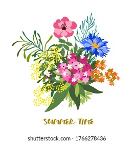 Flowers, leaves, herbs, colored hand drawn isolated on white background. Holiday summer vintage card. Summertime handwriting text