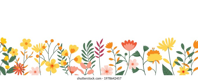 Flowers and leaves horizontal background. Floral spring backdrop with copy space for text.