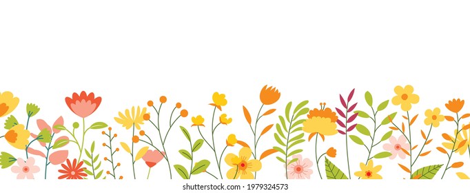 Flowers and leaves horizontal background. Floral spring backdrop with copy space for text.