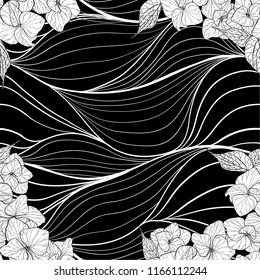 Flowers and leaves of hydrangeas. Use printed materials, signs, items, websites, maps, posters, postcards, packaging. Garden flowers - decorative composition. Seamless pattern.