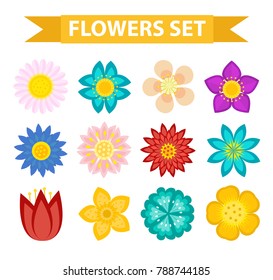 Flowers and leaves icon set, flat style. Floral collection isolated on white background. Spring, summer design elements for invitation, wedding or greeting cards.Vector illustration