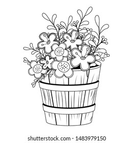 Flowers and leaves inside barrel pot vector design