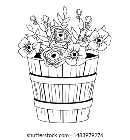 Flowers and leaves inside barrel pot vector design